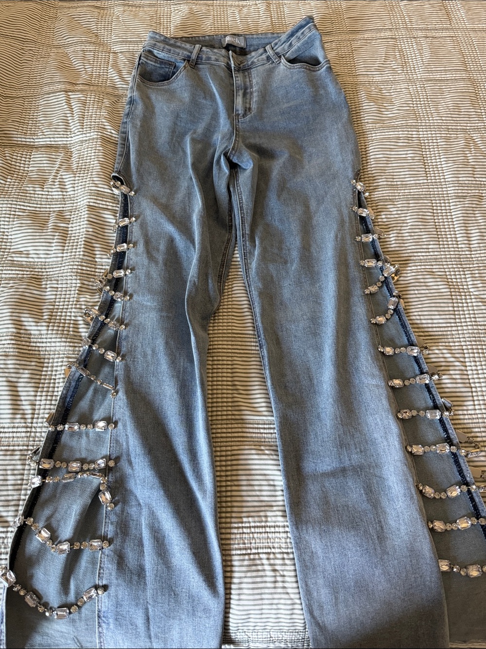 Crystal-Embellished Wide Leg Jeans - Slate Gray
